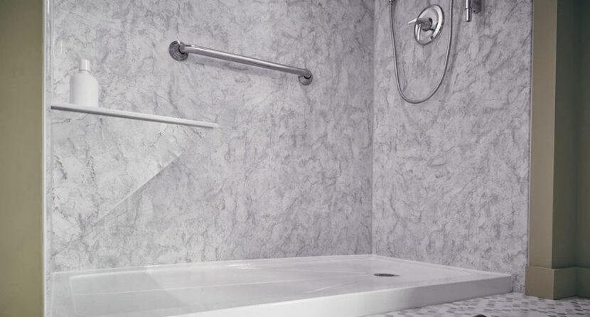 'HANSONS acrylic shower wall installation — nonporous acrylic enclosure with Delta hardware