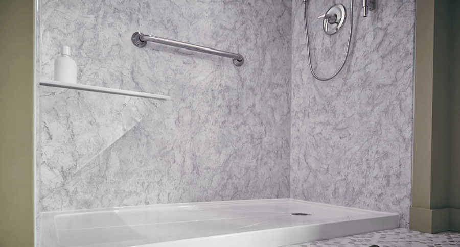 'HANSONS acrylic shower wall installation — nonporous acrylic enclosure with Delta hardware